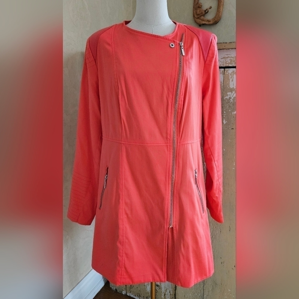 Ashley Stewart Pink Asymmetrical Zip-up Faux Leather Trim Trench Coat-Size 12